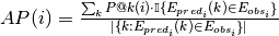 AP(i) = \frac{\sum_k P@k(i) \cdot \mathbb{I}\{E_{pred_i}(k) \in E_{obs_i}\}}{|\{k: E_{pred_i}(k) \in E_{obs_i}\}|}